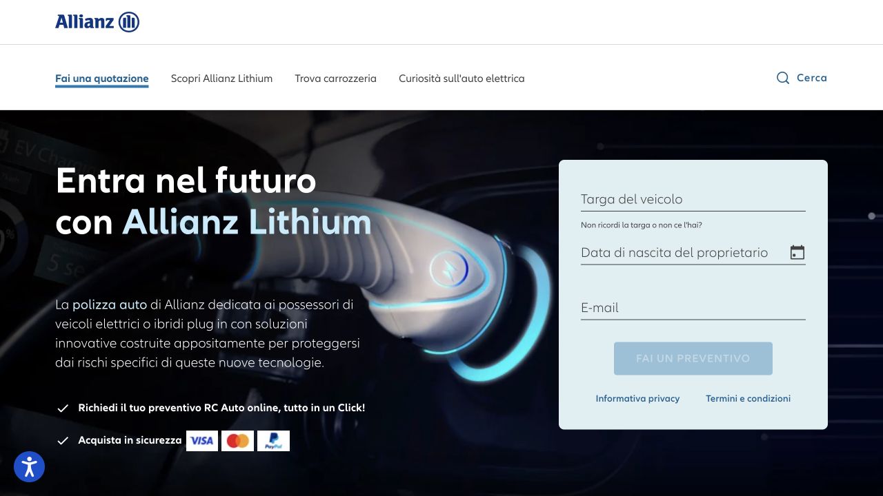 Homepage pubblica del minisito Allianz Lithium con preventivatore per auto elettriche e ibride
