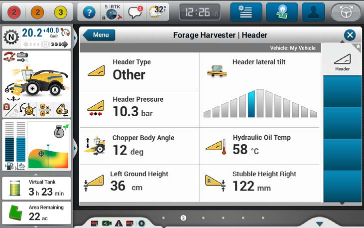 Interfaccia CNH New Holland con parametri della testata della macchina agricola