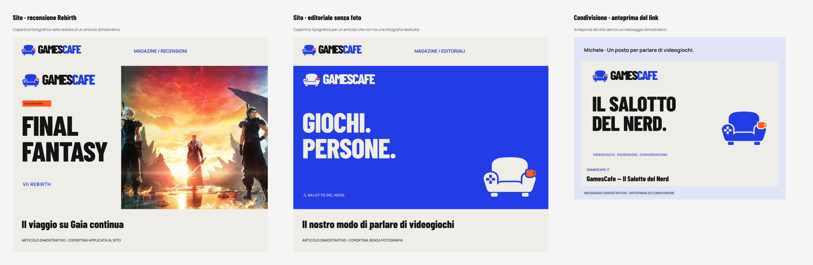 Sistema visivo GamesCafe applicato ad articoli web e anteprime di condivisione
