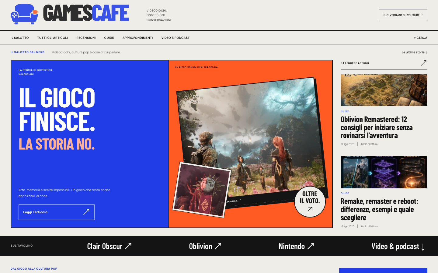 Nuovo layout editoriale desktop di GamesCafe con apertura, articoli e podcast