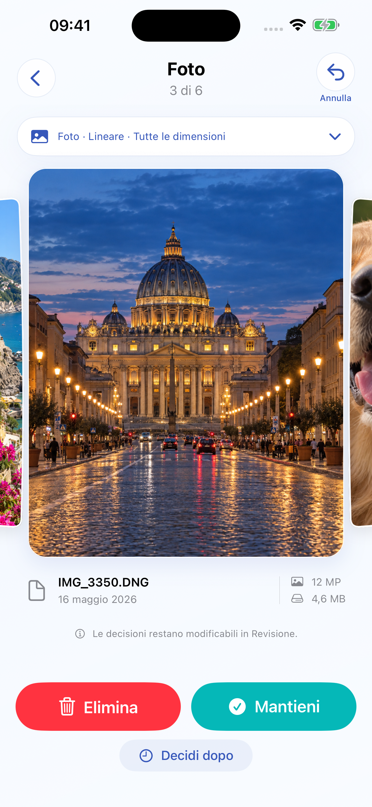 Schermata di Memora per decidere se mantenere, eliminare o rivedere in seguito una fotografia