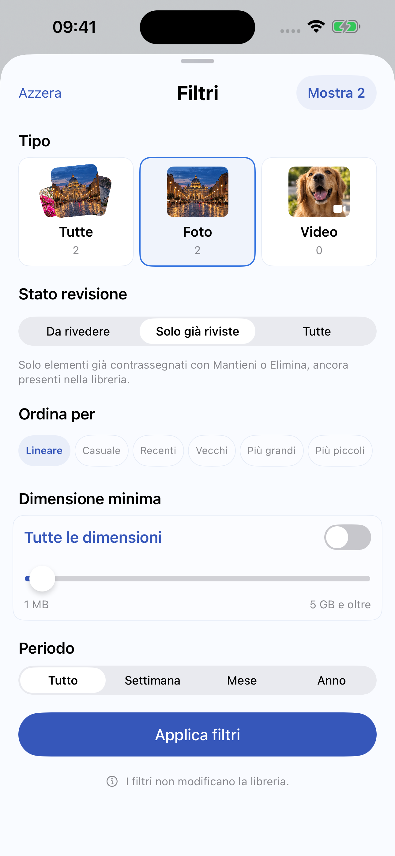 Filtri di Memora per tipo, stato della revisione, dimensione e periodo