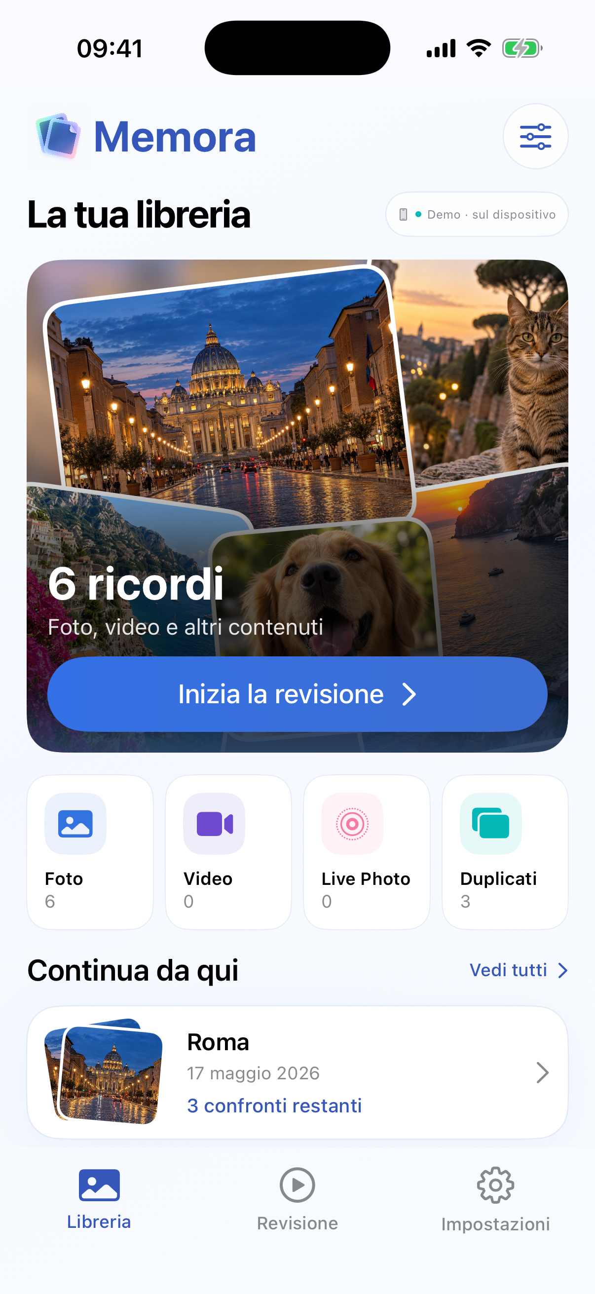 Libreria fotografica di Memora con accesso alla revisione e riepilogo dei contenuti