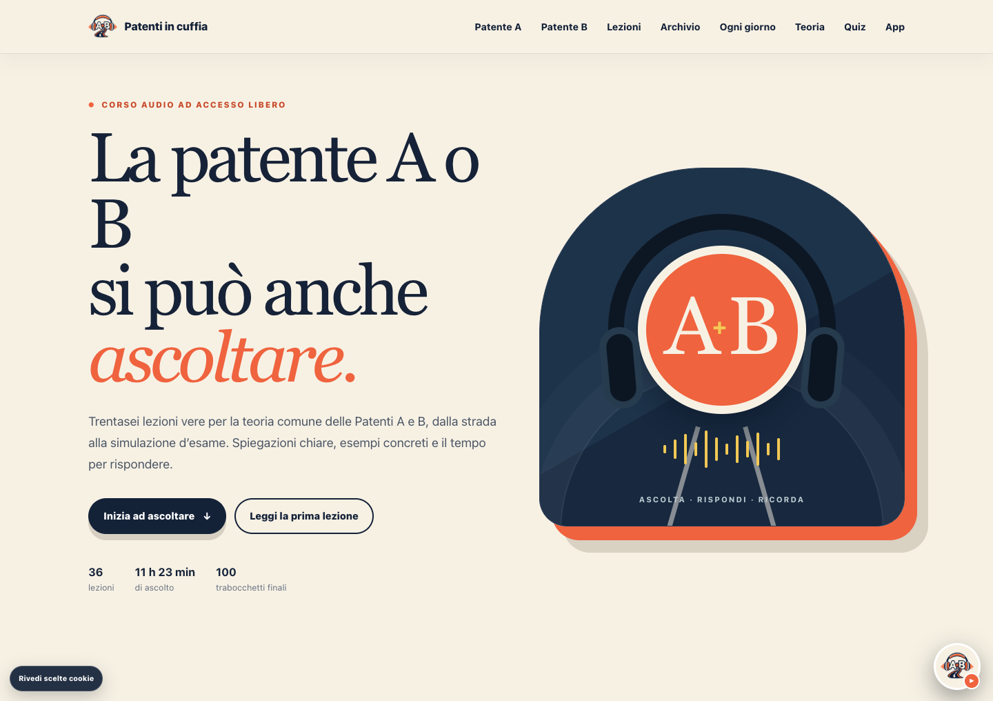 Nuova homepage desktop di Patenti in cuffia con percorsi Patente A e B e player audio