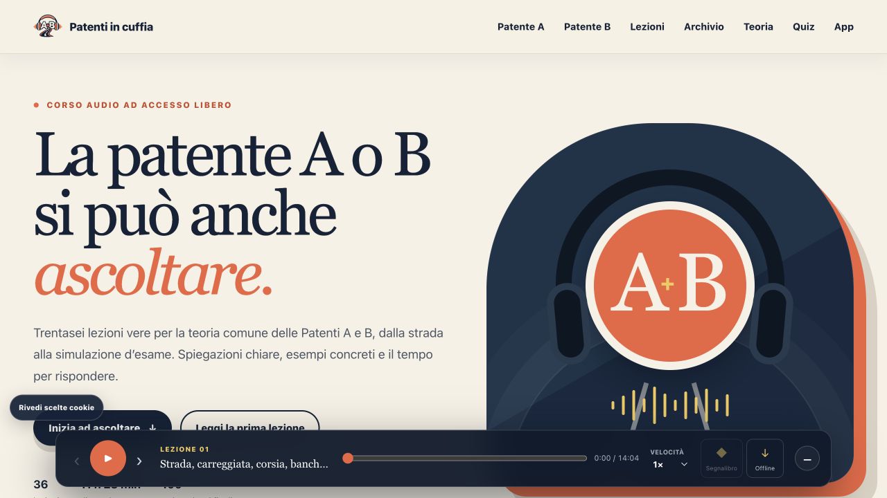 Homepage desktop di Patenti in cuffia con corso audio