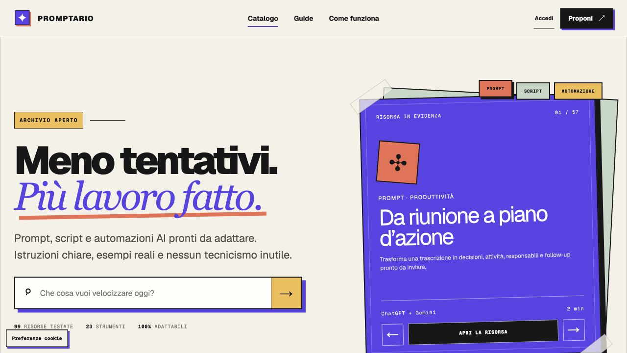 Homepage di Promptario con catalogo di risorse AI