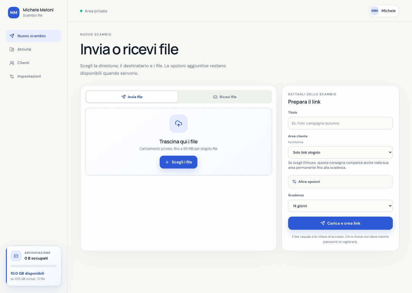 Dashboard di Scambio file con scelta tra invio e ricezione, area di caricamento e dettagli del collegamento