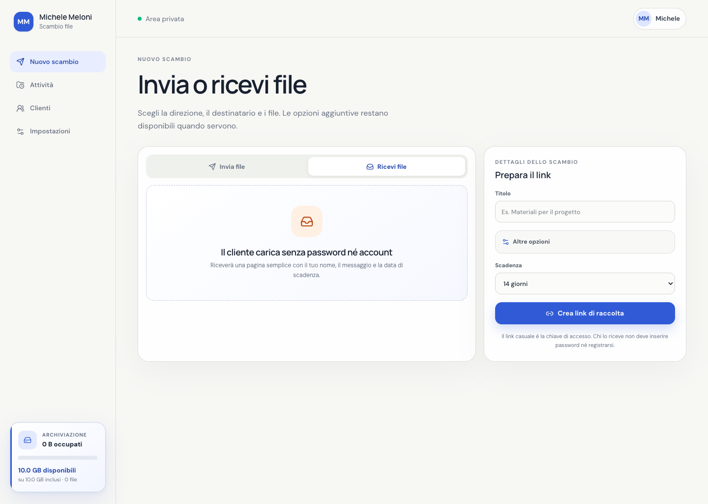 Dashboard di Scambio file in modalità ricezione, con caricamento cliente senza account