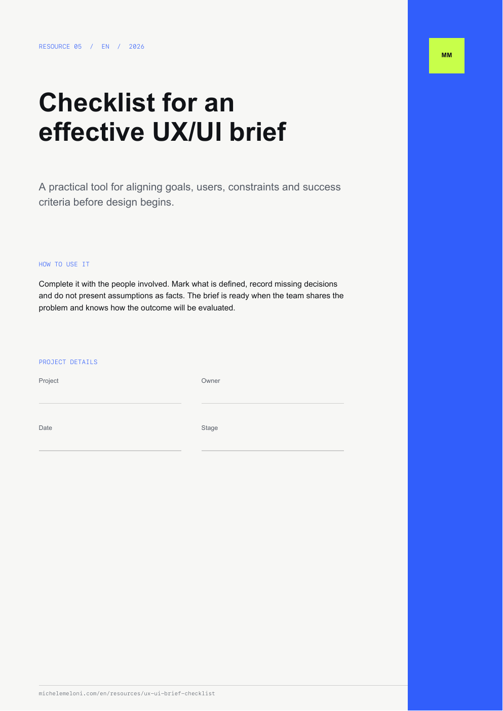 Preview of the printable checklist for an effective UX and UI brief