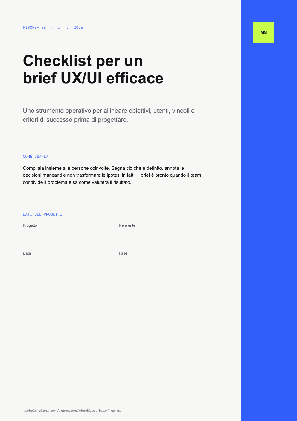 Anteprima della checklist compilabile per un brief UX e UI efficace