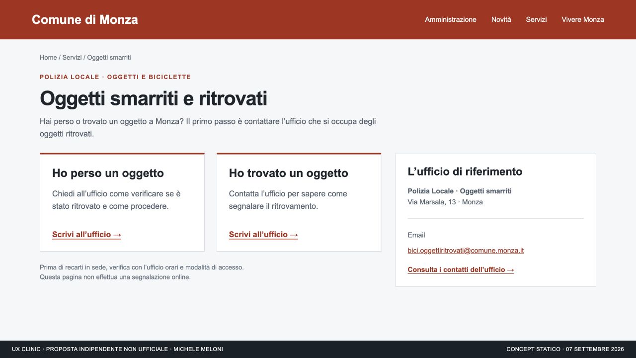 Proposta con due percorsi informativi Ho perso e Ho trovato e un unico blocco di contatti dell’ufficio