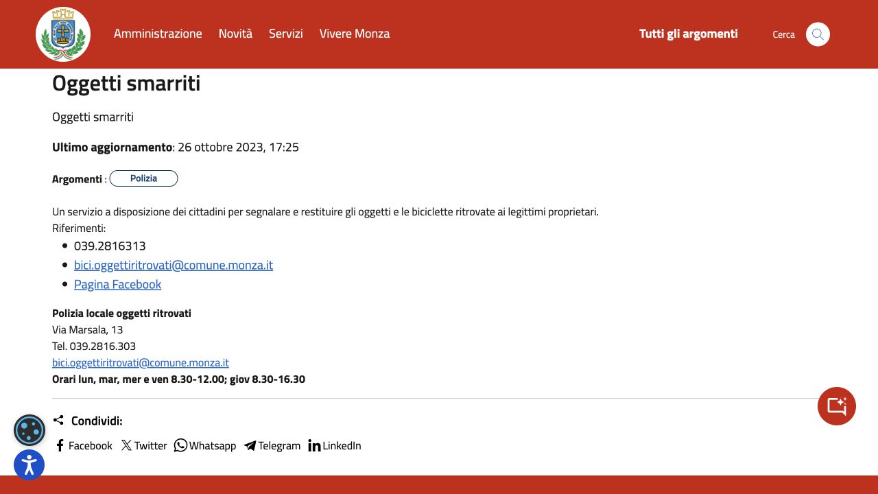 Pagina originale Oggetti smarriti di Monza, con riferimenti ripetuti e due numeri telefonici differenti