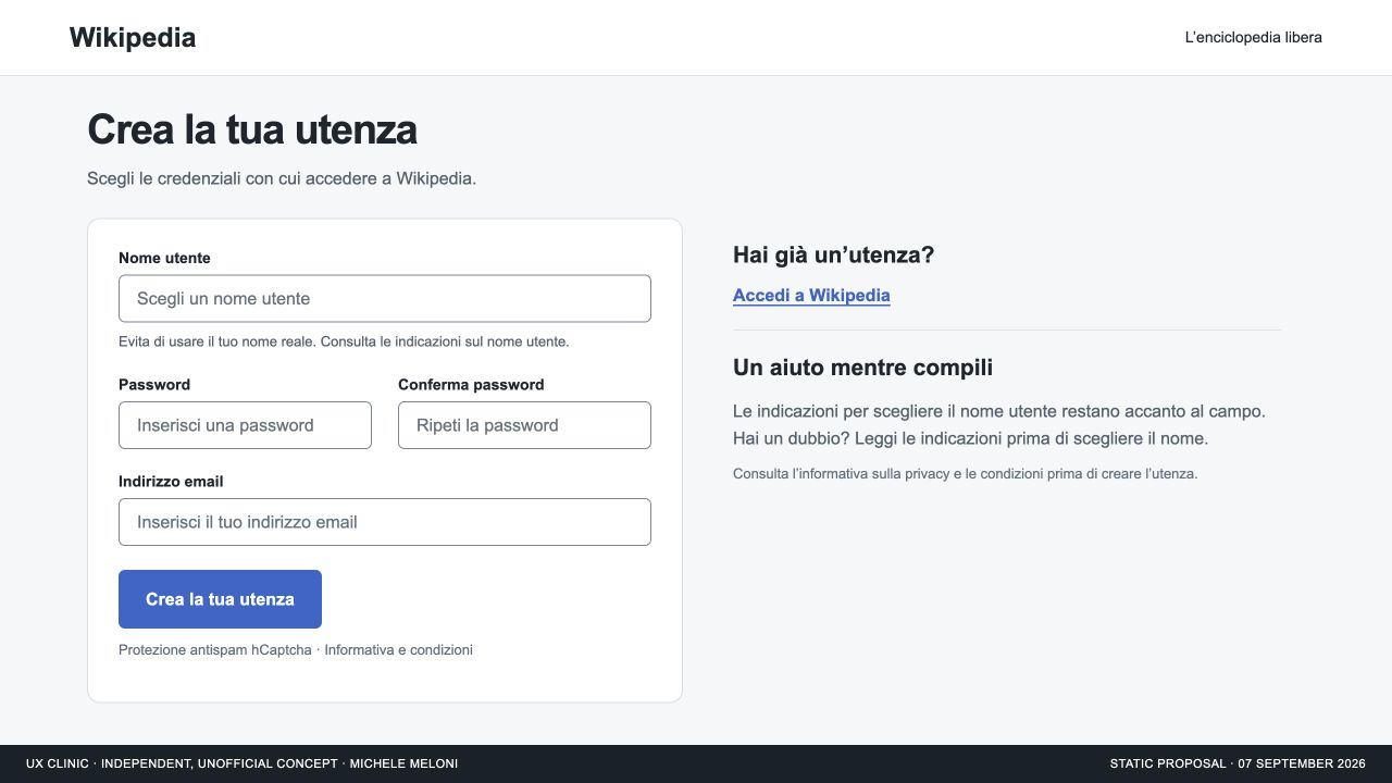 Wikipedia · Registrazione: proposta indipendente per Wikipedia: un onboarding utile comincia accanto ai campi